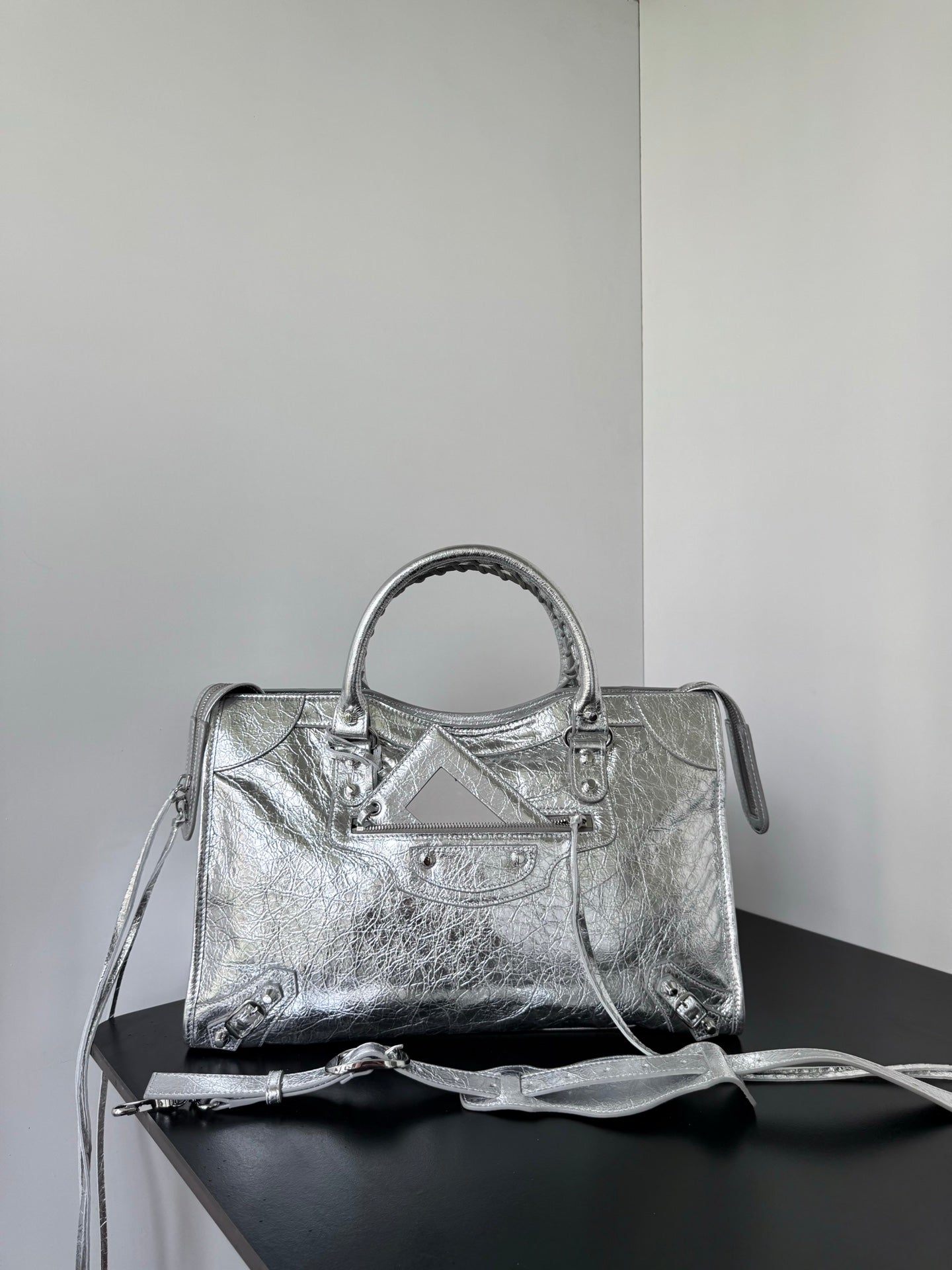 Metallic Silver Medium Balenciaga Le City Bag